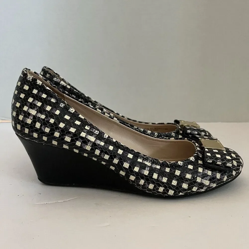 Cole Haan Gingham Bow Women's Black Leather Wedge Pin Up Heel Sandals SZ 8 B